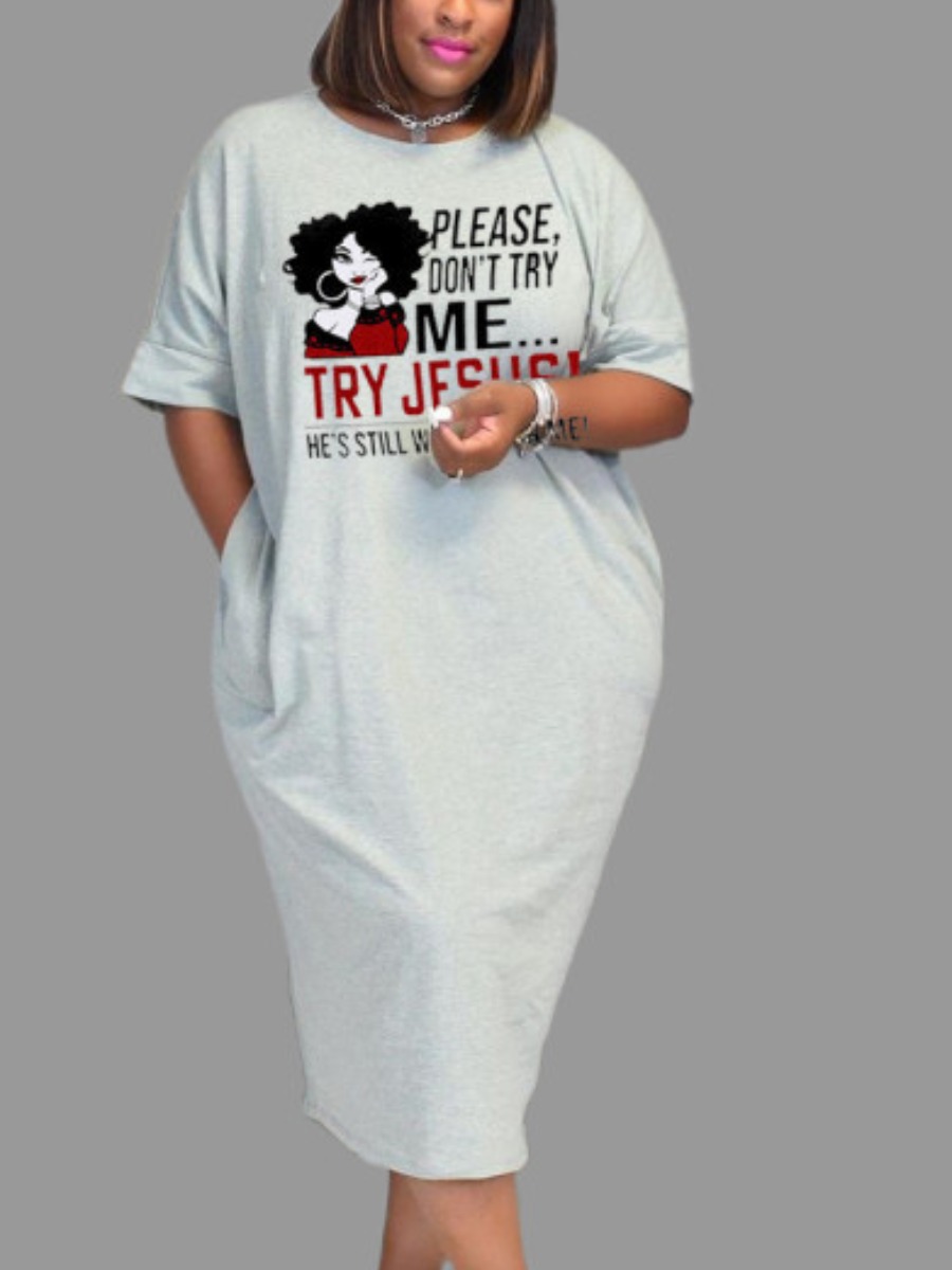 

LW BASICS Plus Size Casual Letter Print Split Light Grey Mid Calf Dress