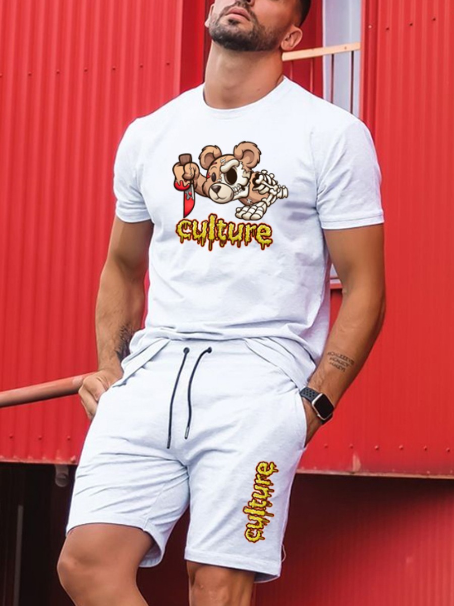 

Lovely Men Casual Cartoon Letter Print White Two Piece Shorts Set