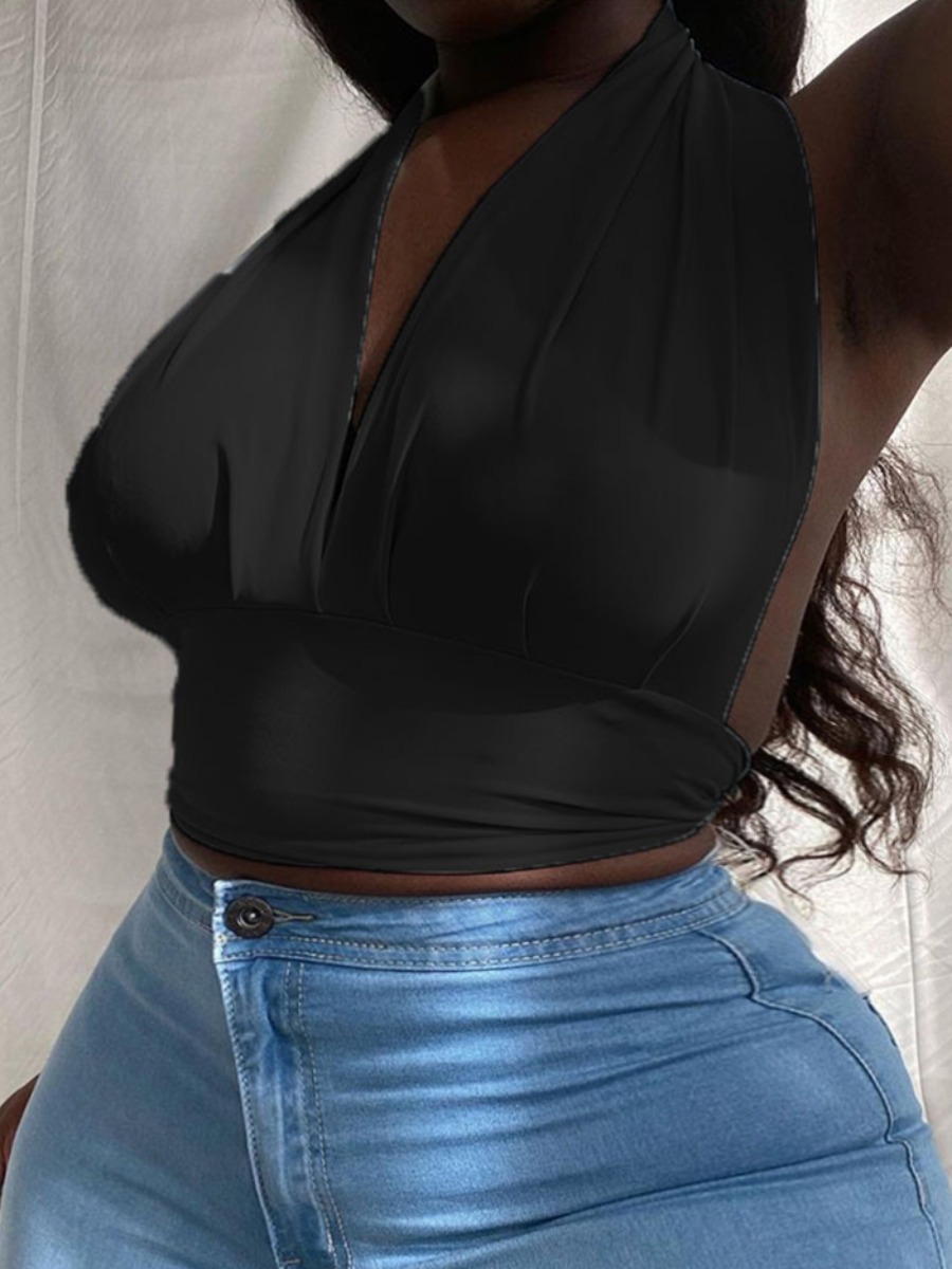 

Lovely Plus Size Casual V Neck Backless Black Camisole