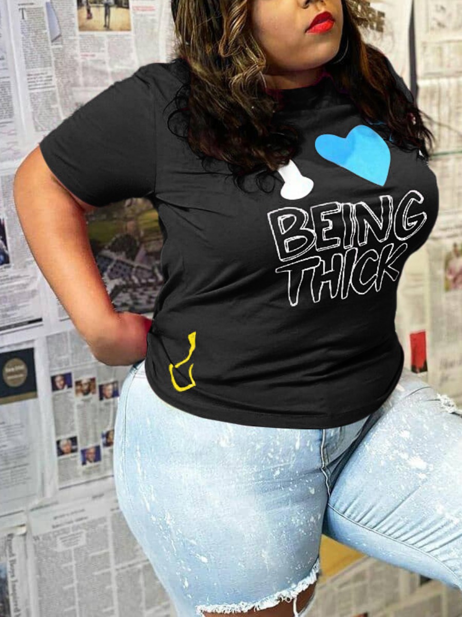 

Lovely Plus Size Casual Heart-shaped Letter Print Pitch-black T-shirt