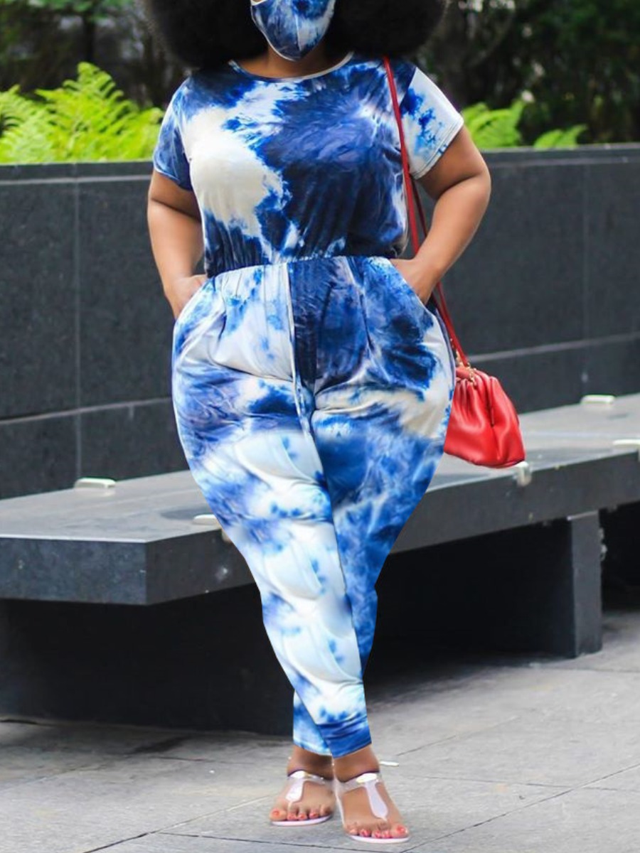 

Lovely Plus Size Casual Tie-dye Drawstring Blue One-piece Jumpsuit