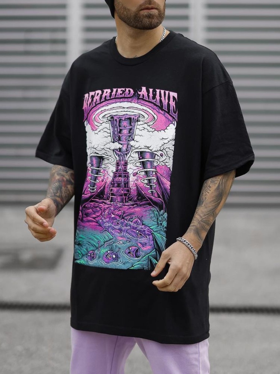 

Lovely Men Street Letter Print Patchwork Black T-shirt