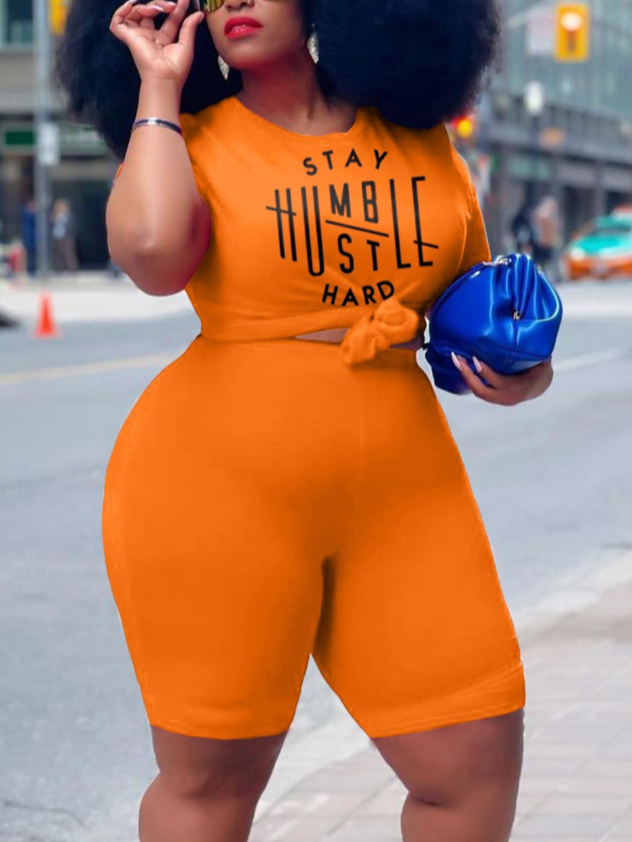 

Lovely Plus Size Casual O Neck Letter Print Orange Two-piece Shorts Set