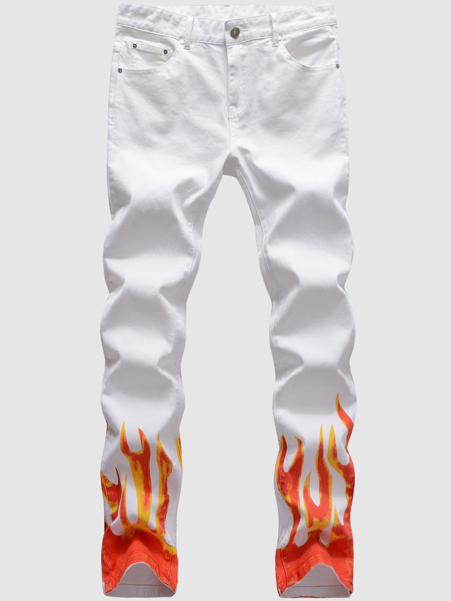 

Lovely Men Street Ripped Flame Print White Jeans