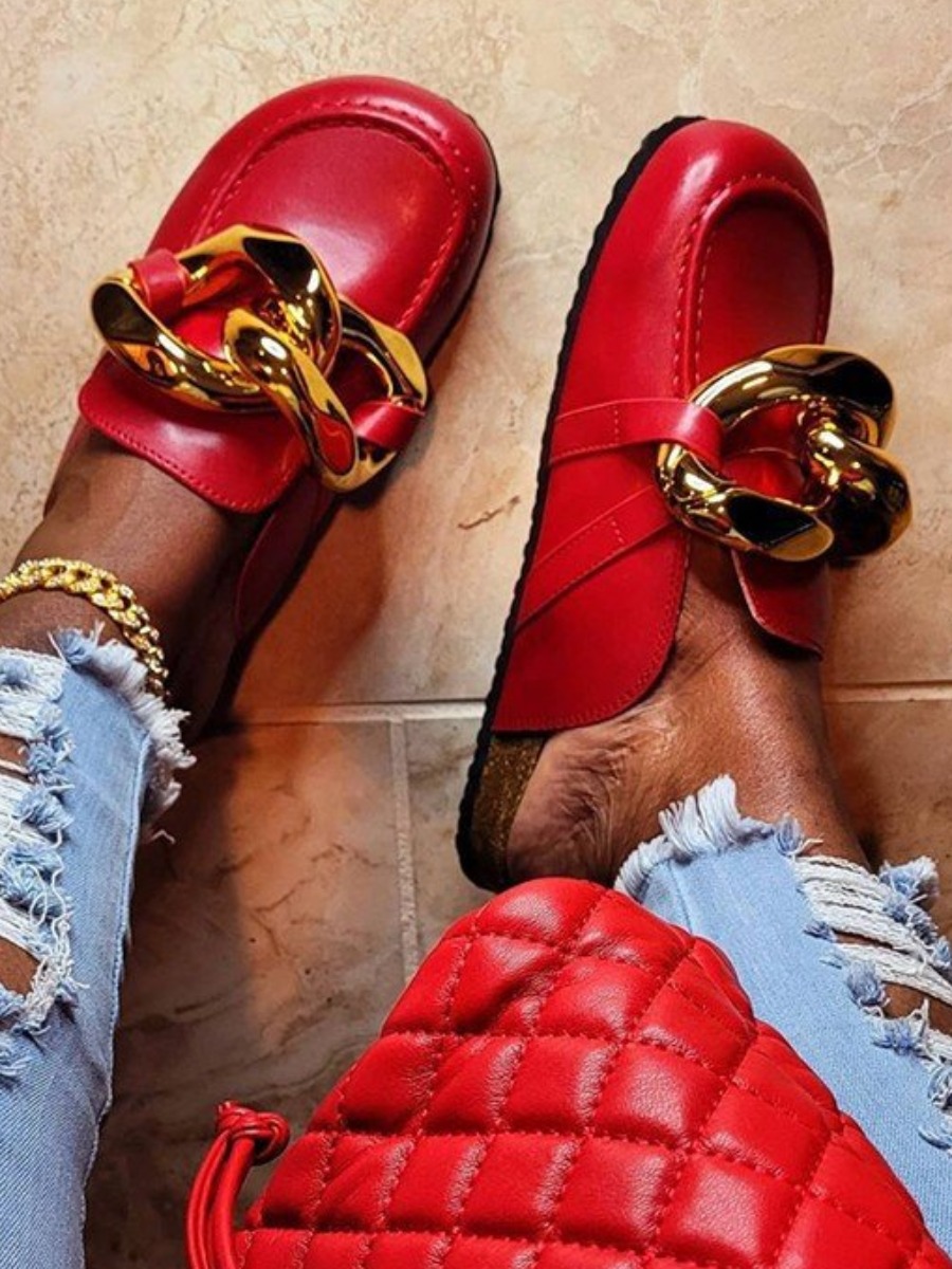 

LW Casual Chain Decoration Red Flats