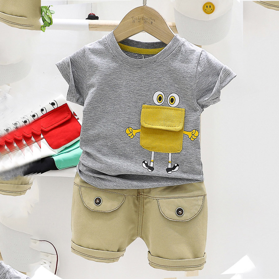 

Lovely Boy Casual Cartoon Pocket Design Grey Two Piece Shorts Set