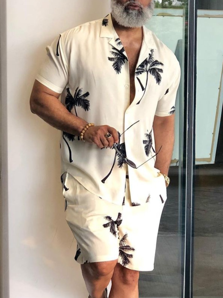 

LW BASICS Men Casual Turndown Collar Floral Print Beige Two Piece Shorts Set