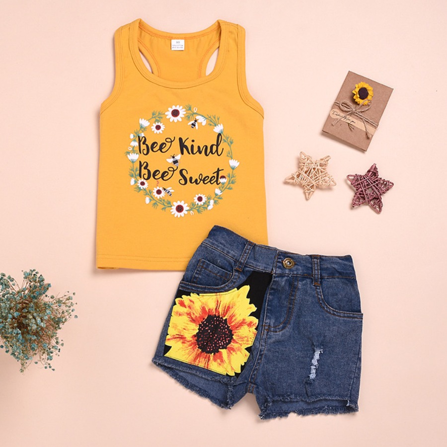 

Lovely Girl Casual Letter Floral Print Yellow Two Piece Shorts Set