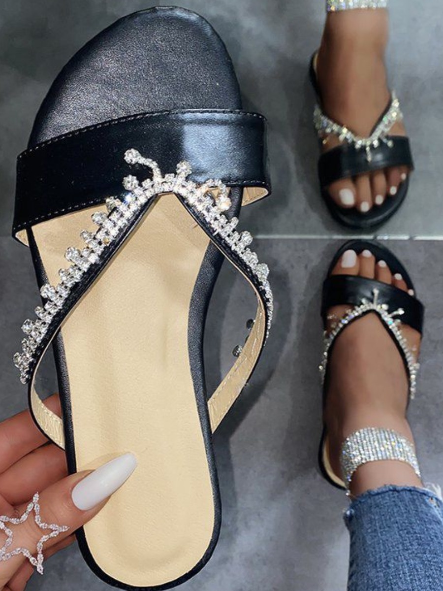 

Lovely Casual Crystal Decoration Black Slippers