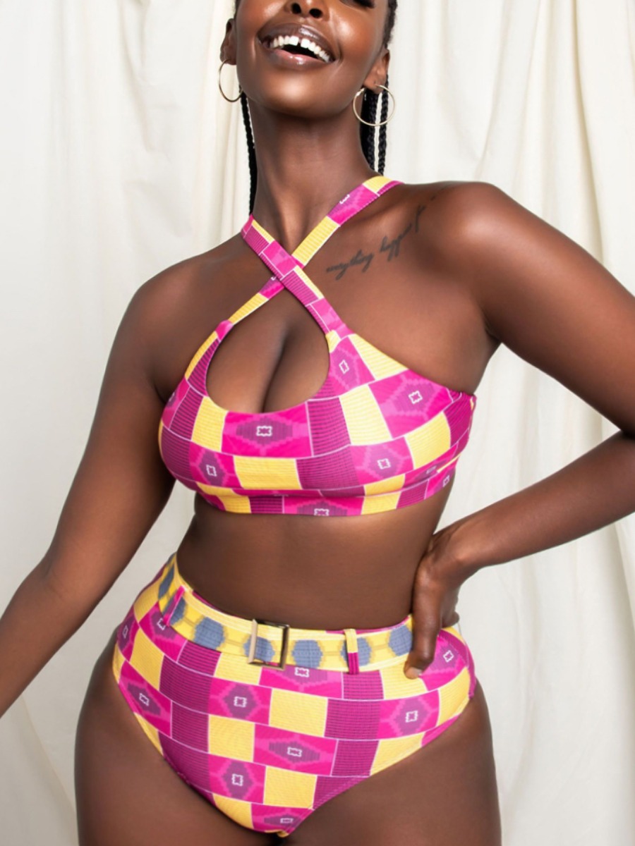 

Lovely Boho Geometric Print Cross Strap Rose Red Two-piece Swimsuit