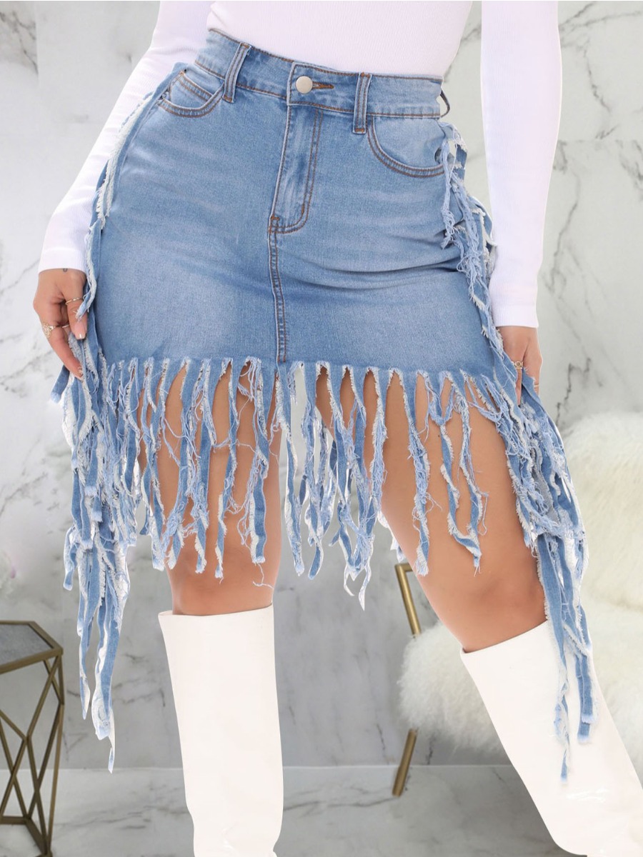

Lovely Casual High-waisted Tassel Design Baby Blue Knee Length Denim Skirt