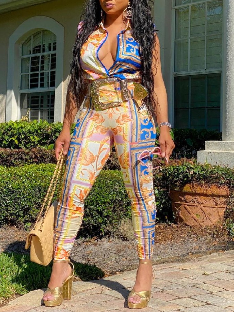 

Lovely Boho Turndown Collar Floral Print Yellow Two Piece Pants Set