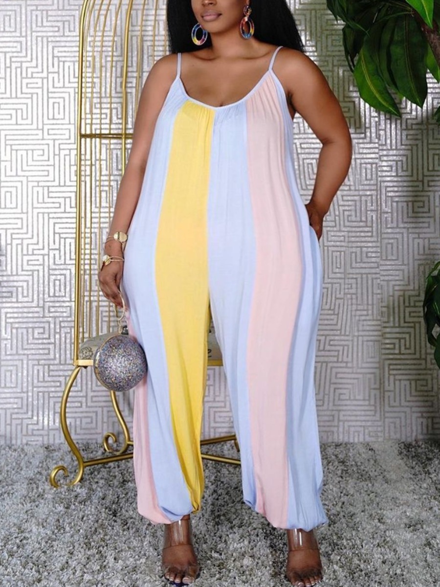 

Lovely Plus Size Boho U Neck Striped Multicolor One-piece Jumpsuit, Multi