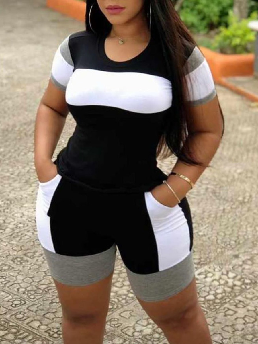 

Lovely Plus Size Street O Neck Color-lump Black Two-piece Shorts Set