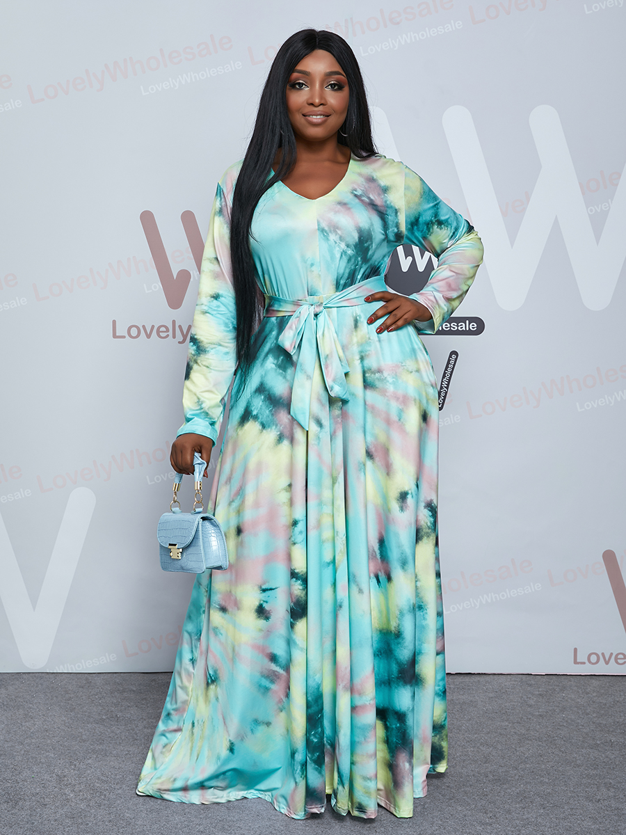 

Lovely Plus Size Boho V Neck Tie-dye Pink Floor Length Dress