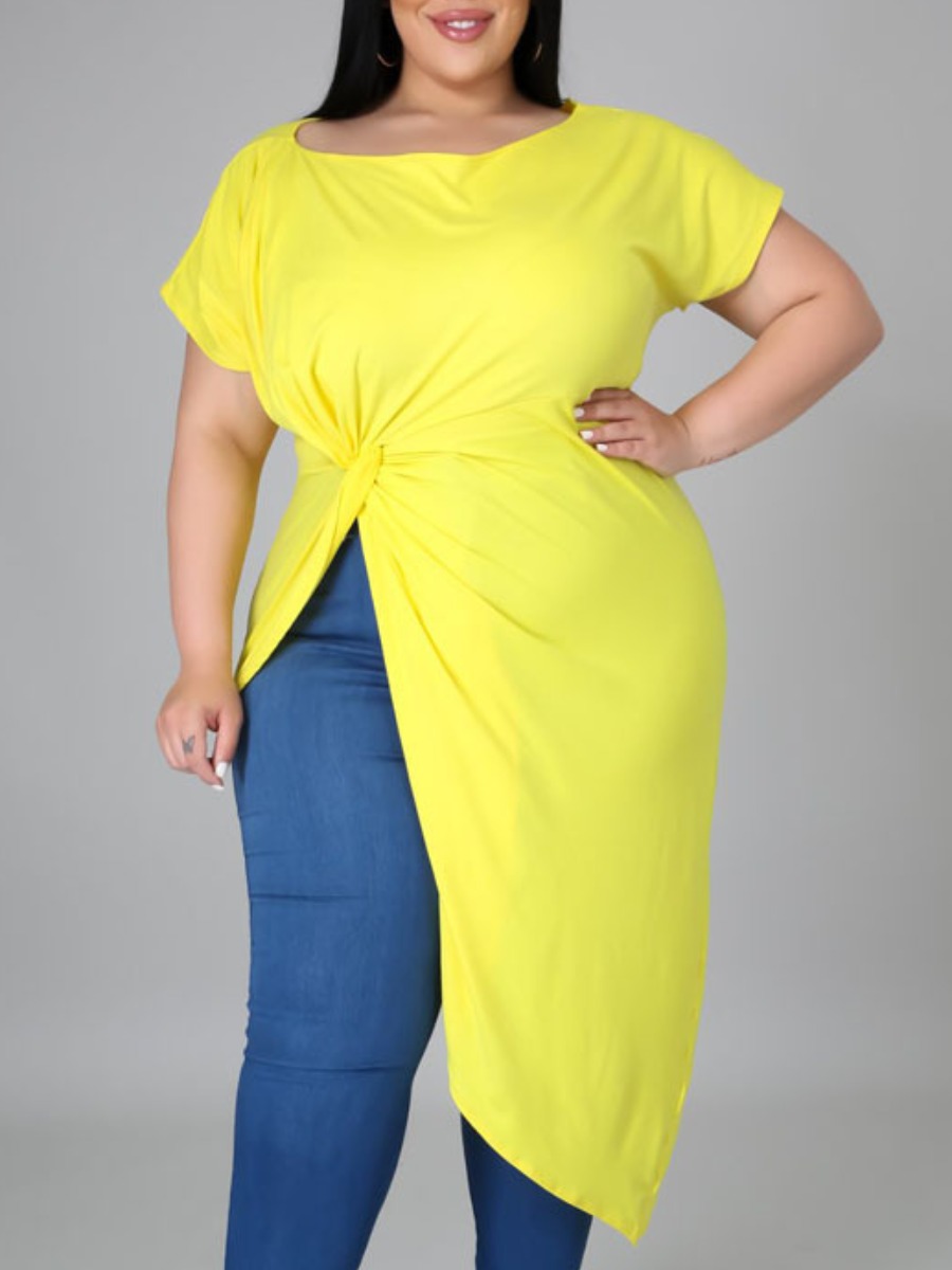 

Lovely Plus Size Casual O Neck Twisted Yellow T-shirt