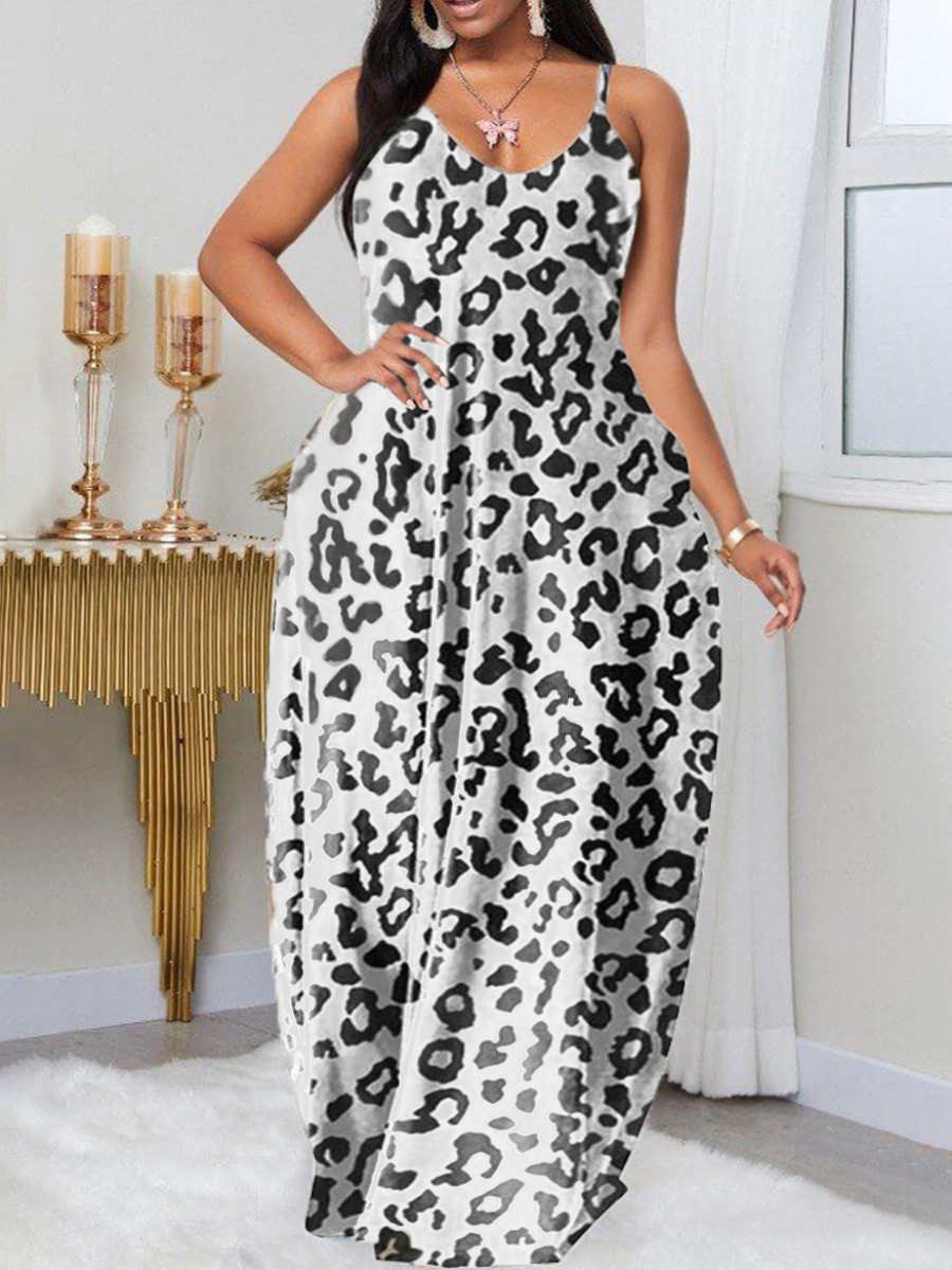 Lovely Plus Size Casual U Neck Leopard Print Floor Length Dress
