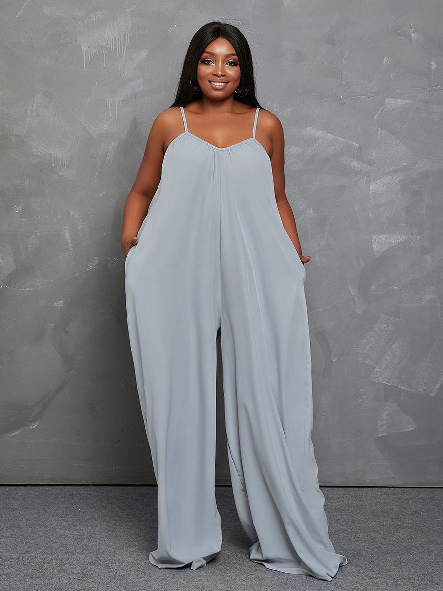 

Lovely Plus Size Casual Spaghetti Strap Loose Grey One-piece Jumpsuit