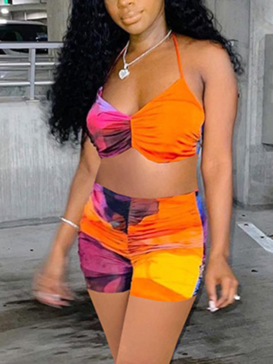 

Lovely Boho Tie-dye Basic Skinny Multicolor Two-piece Swimsuit, Multi