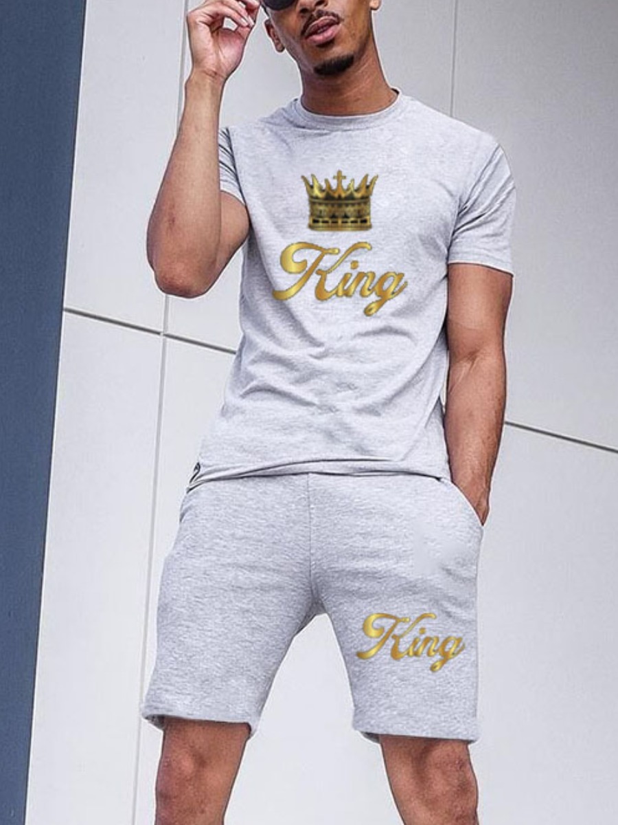 

Lovely Men Street Crown Letter Print Grey Two Piece Shorts Set