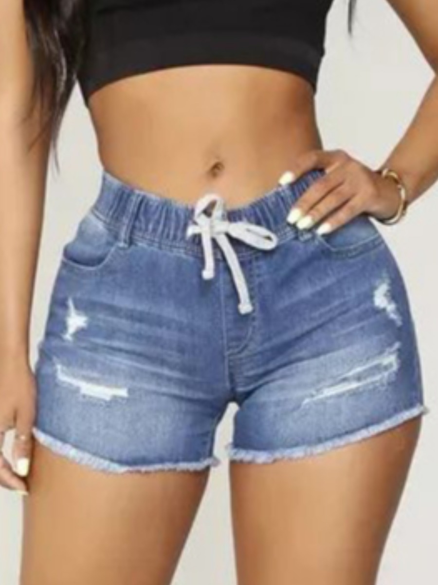 

Lovely Street Ripped Drawstring Blue Denim Shorts