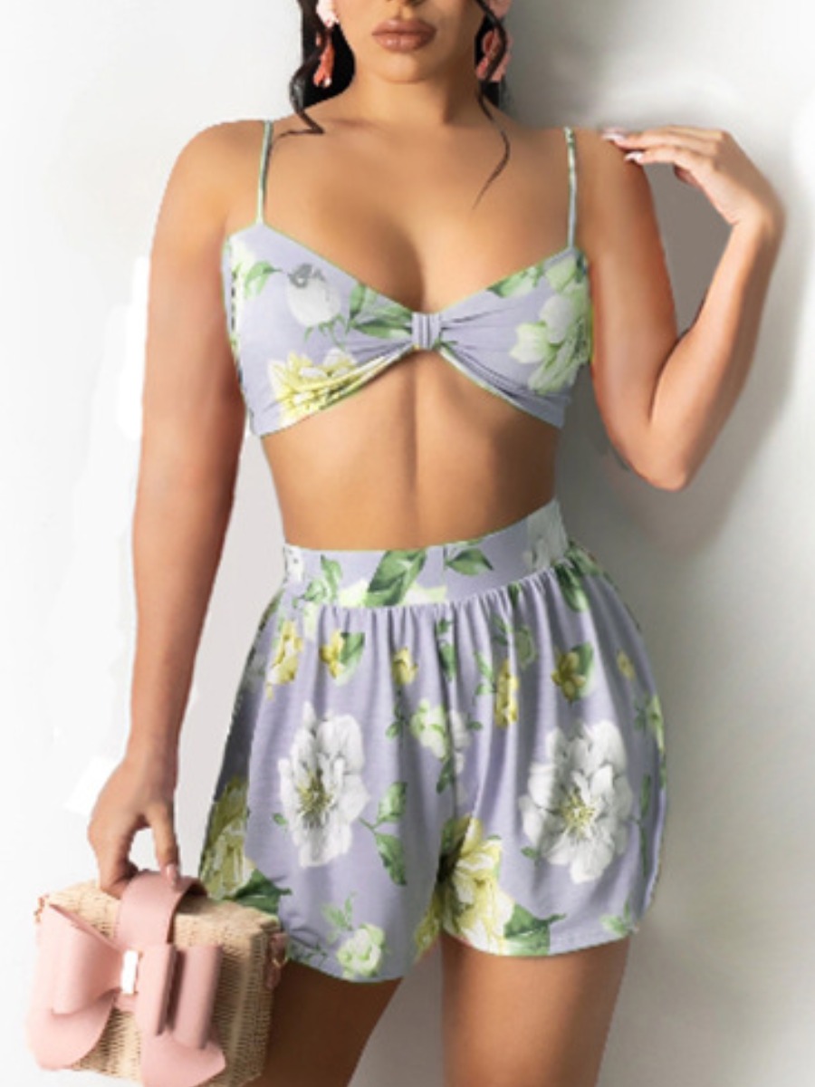 

Lovely Boho Backless Floral Print Multicolor Two-piece Swimsuit, Multi