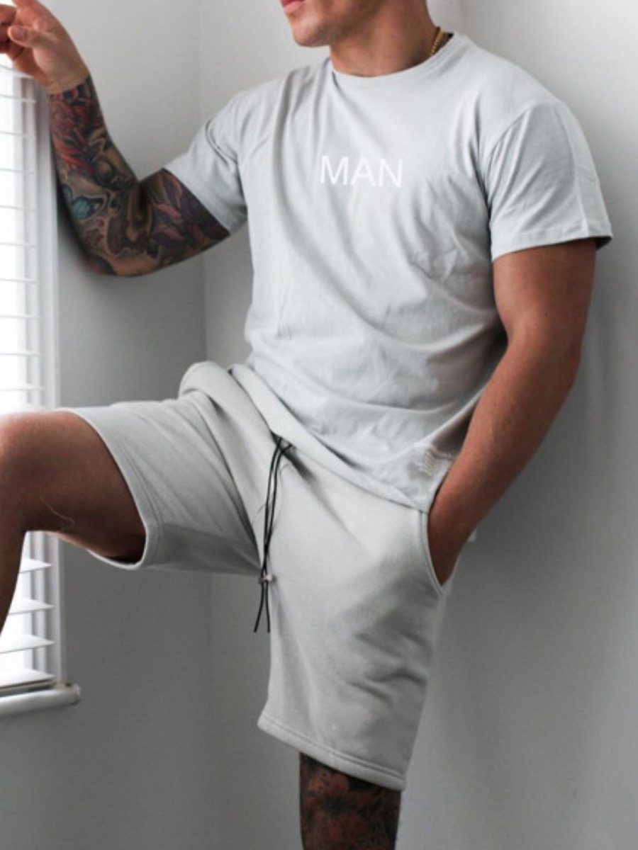 

Lovely Men Casual O Neck Drawstring Grey Two Piece Shorts Set