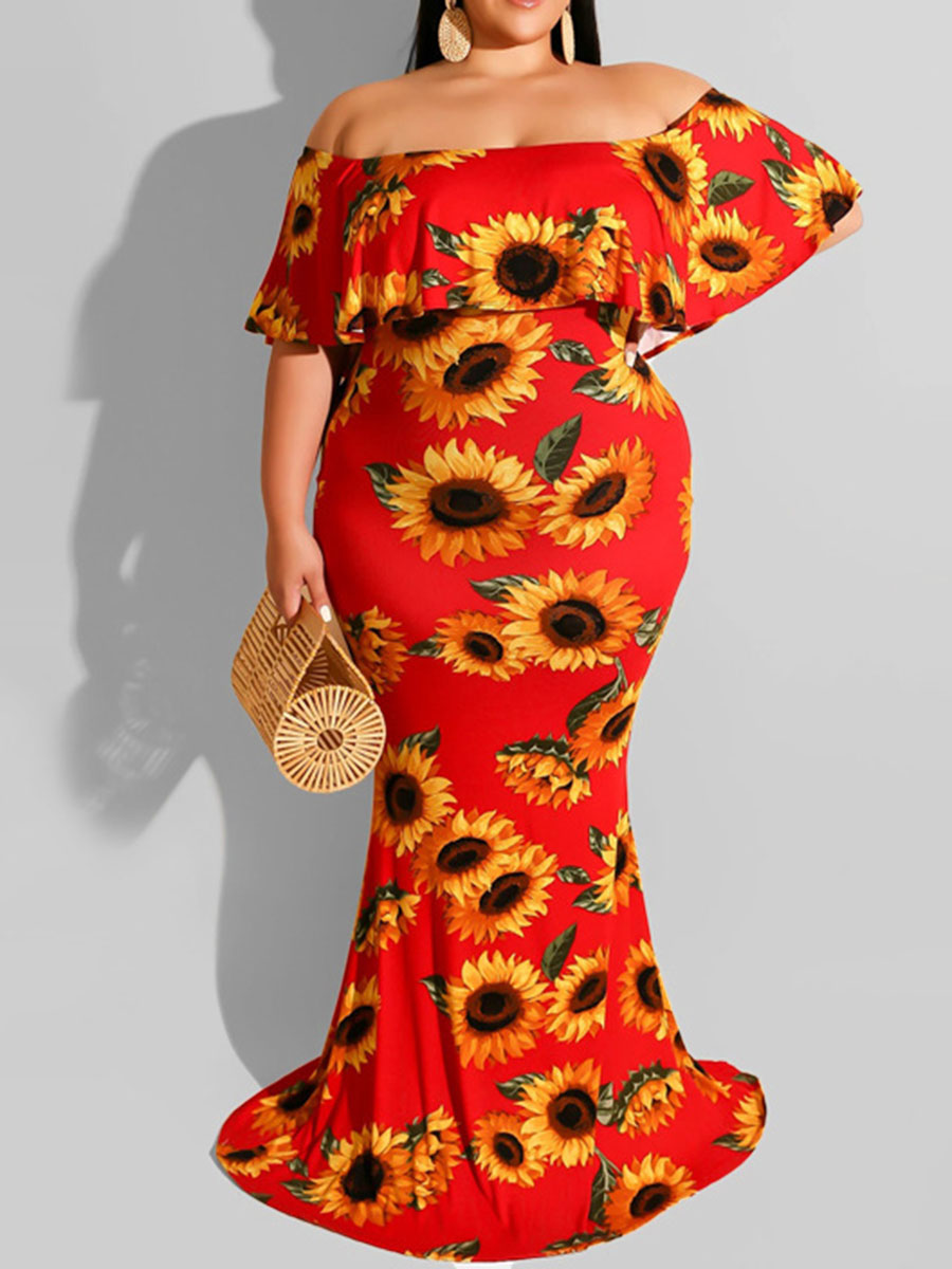 

Lovely Plus Size Boho Off The Shoulder Floral Print Red Floor Length Dress