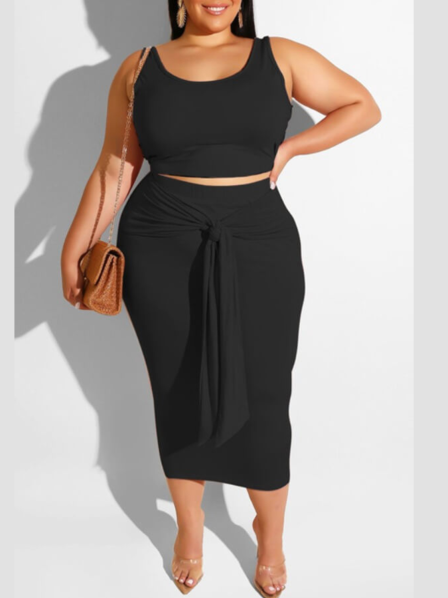

Lovely Plus Size Casual U Neck Bandage Design Black Two-piece Skirt Set