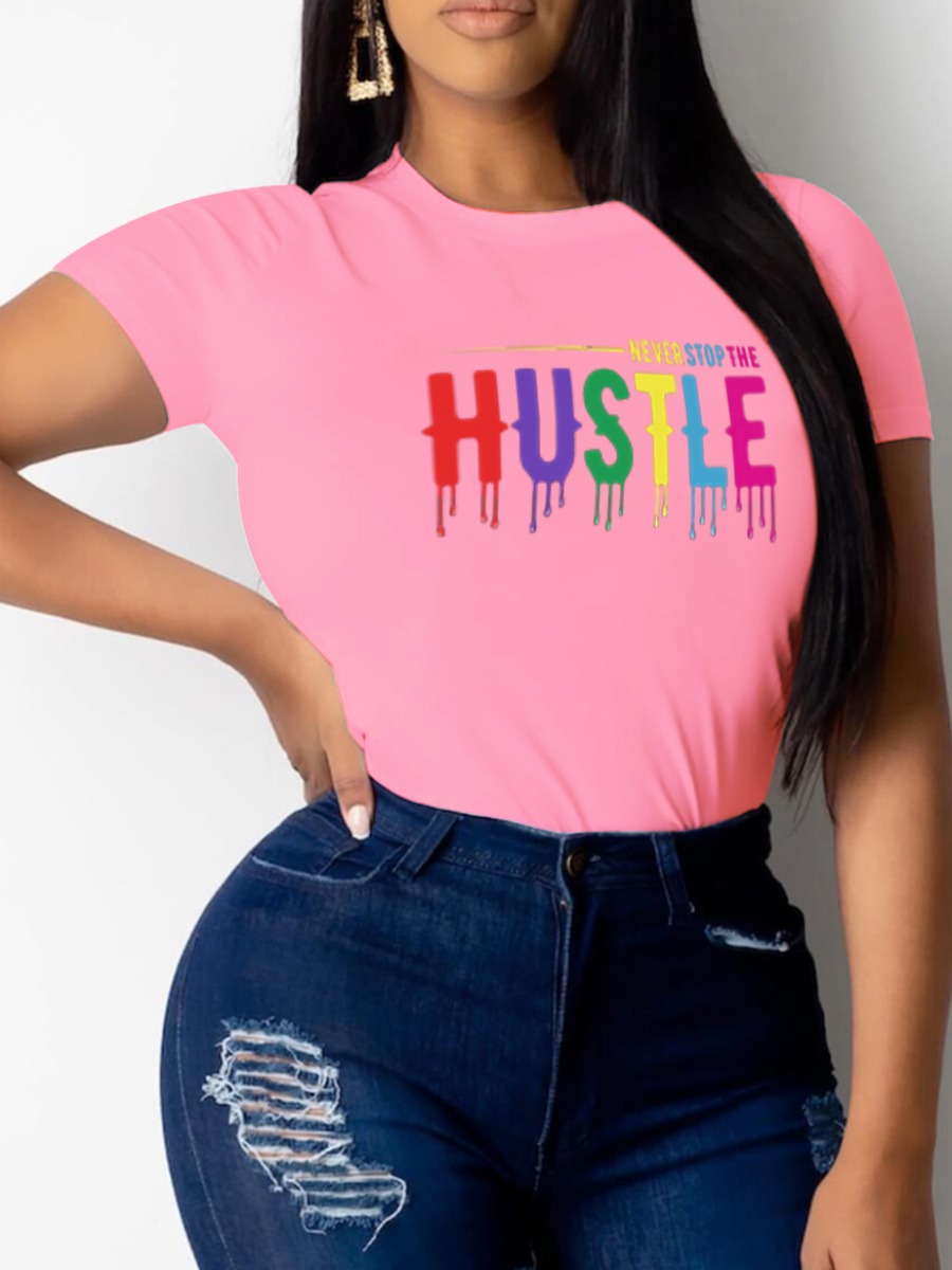 

LW Round Neck Letter Print T-shirt, Pink