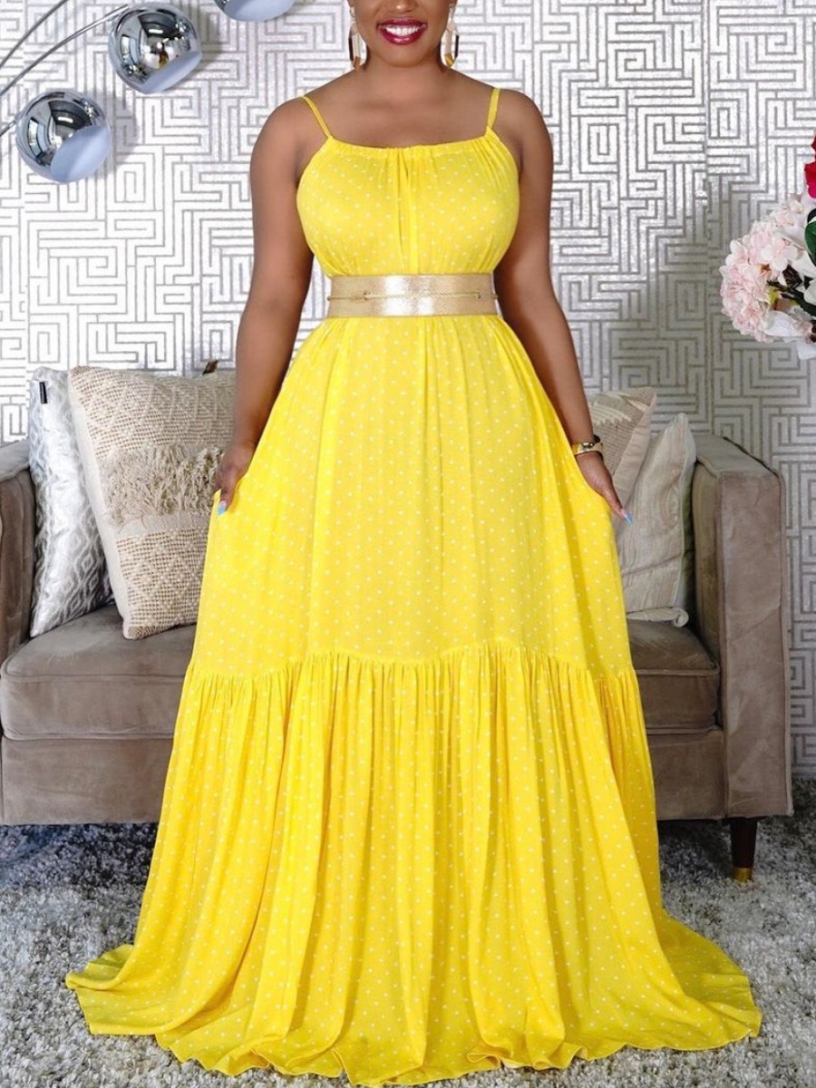 

Lovely Boho Ruffle Design Yellow Floor Length A Line Dress