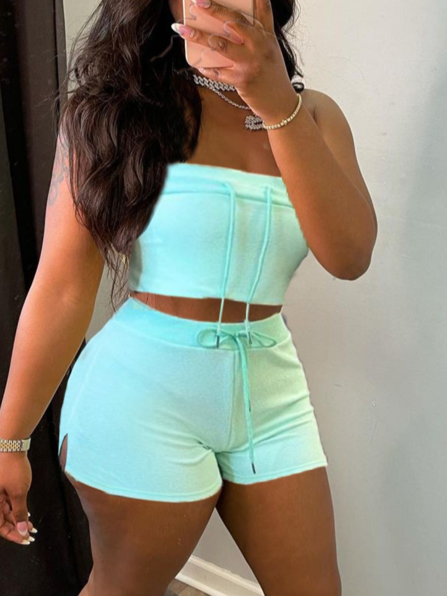 

Lovely Casual Off The Shoulder Drawstring Blue Two Piece Shorts Set