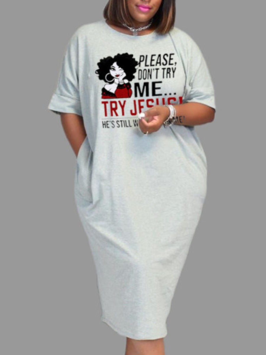 

Lovely Casual Figure Letter Print Light Grey Mid Calf Dress