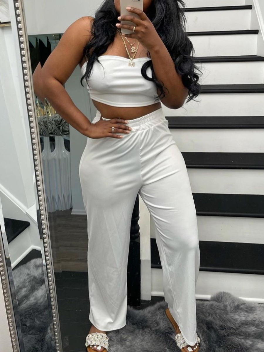 

Lovely Casual Off The Shoulder High-waisted White Two Piece Pants Set