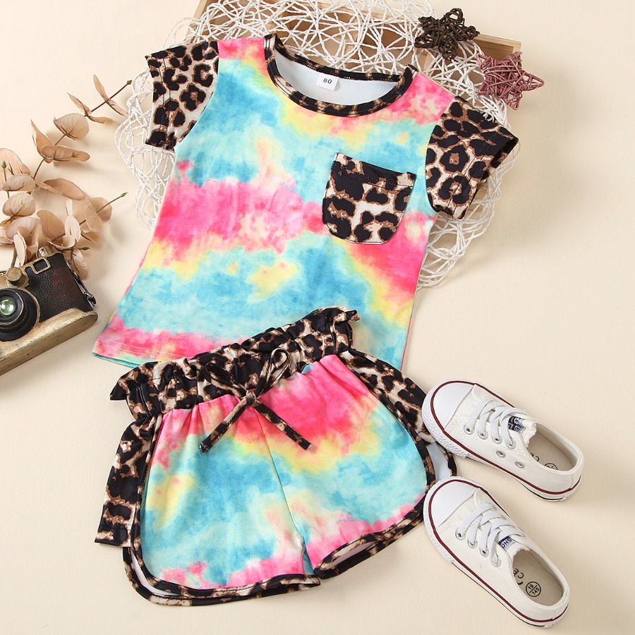 

Lovely Girl Casual Leopard Print Tie Dye Baby Blue Two Piece Shorts Set