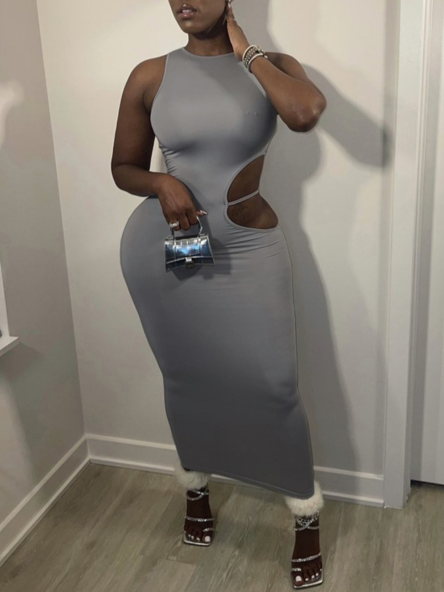 

Lovely Casual O Neck Hollow-out Grey Ankle Length Dress