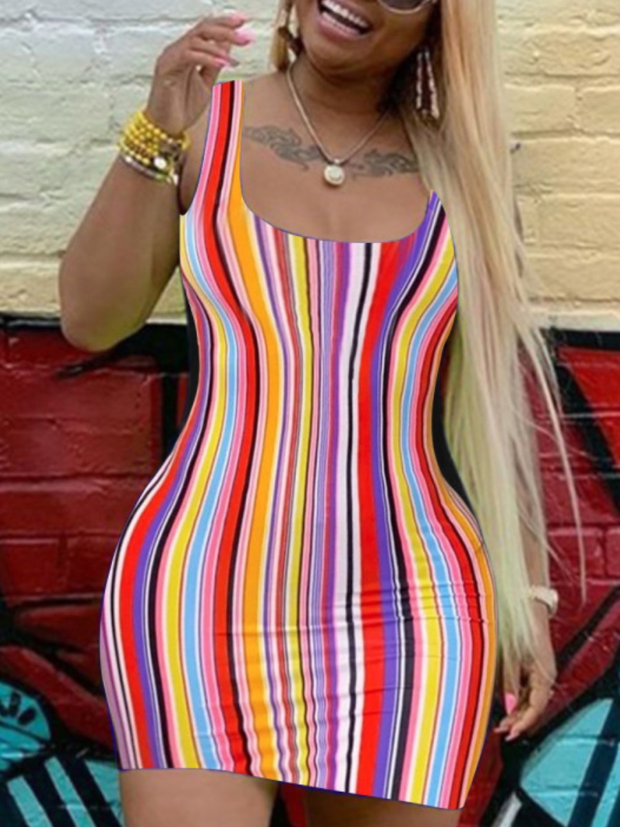 

Lovely Plus Size Casual U Neck Striped Multicolor Mini Dress, Multi