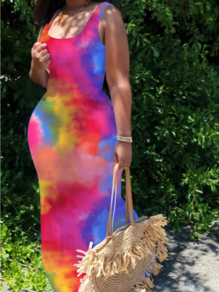 

Lovely Plus Size Casual U Neck Tie-dye Multicolor Floor Length Dress, Multi