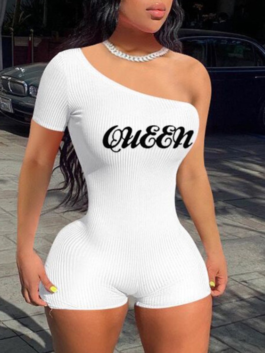 

Lovely Casual One Shoulder Letter Print Rib-Knit White One-piece Romper