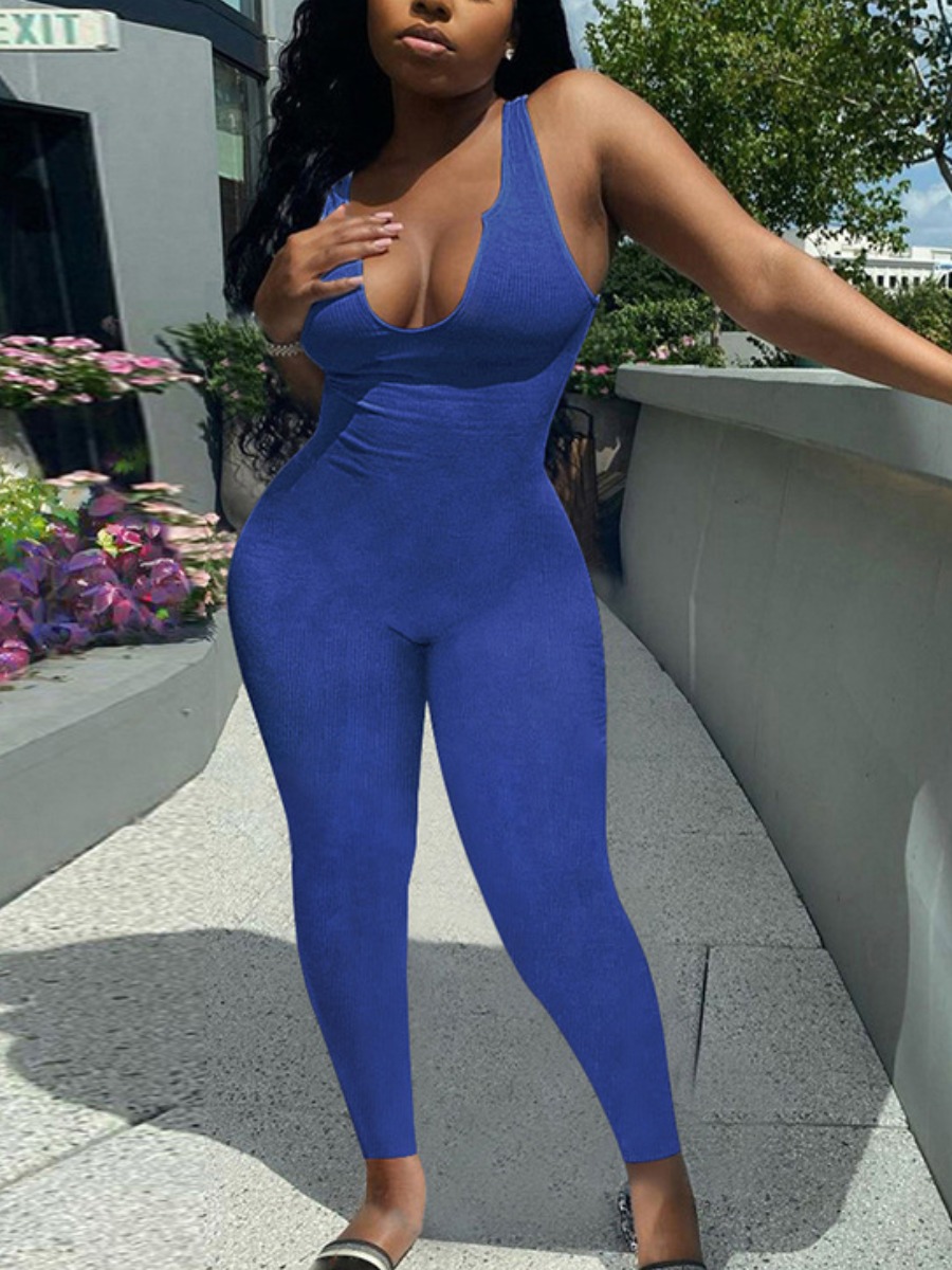 

Lovely Casual U Neck Skinny Blue One-piece Jumpsuit