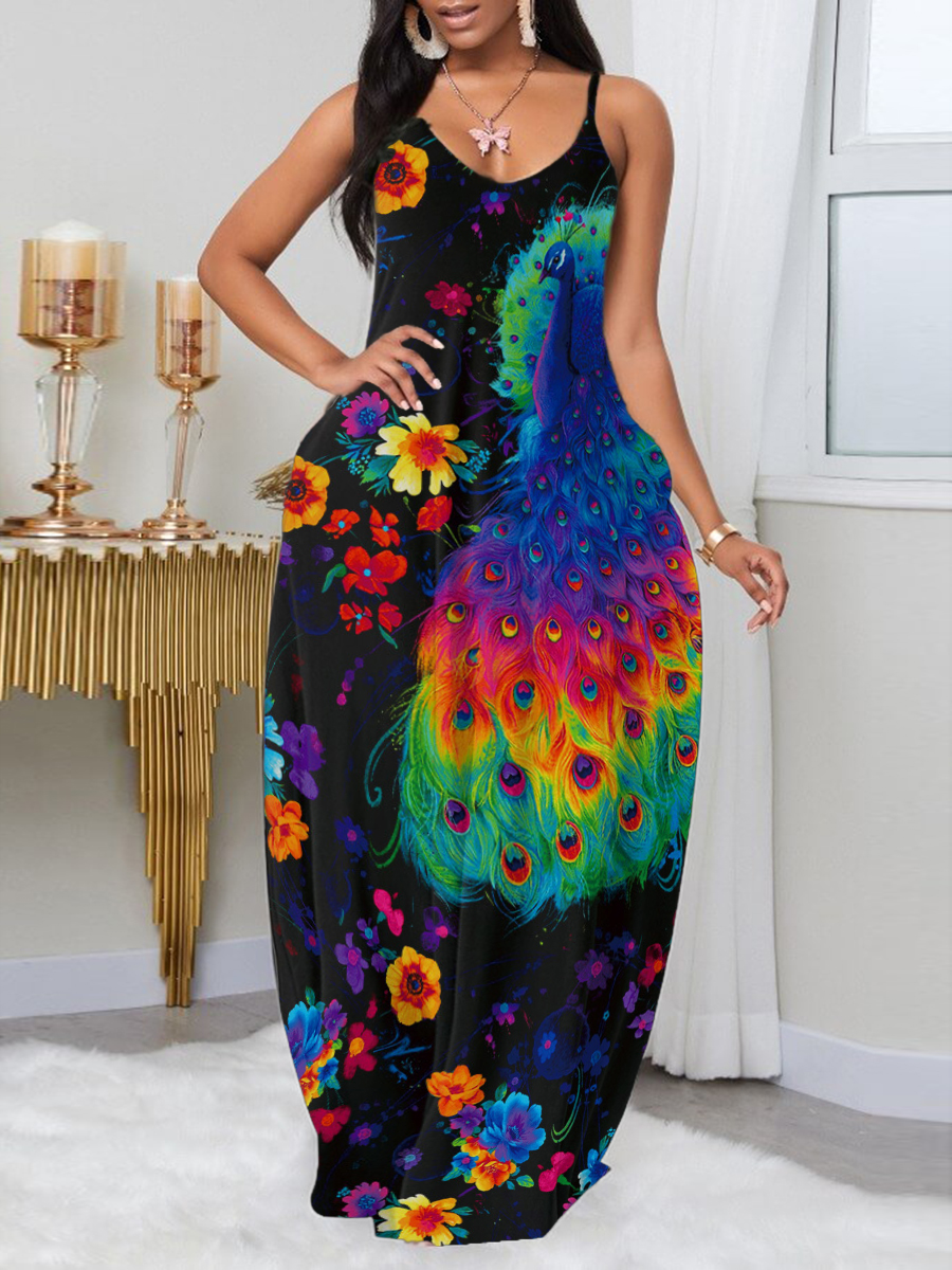 

Lovely Street V Neck Floral Print Black Ankle Length Dress