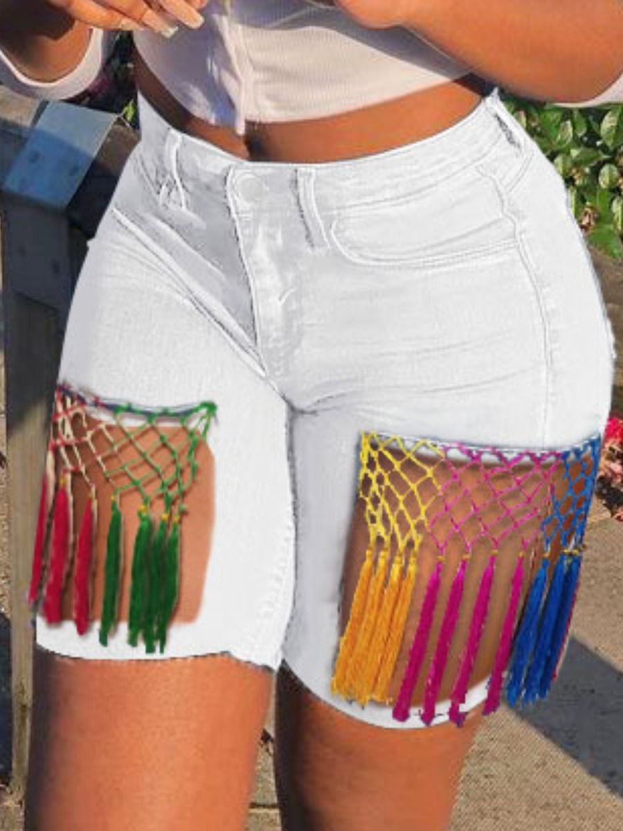 

LW Casual High-waisted High Stretchy Tassel Design White Denim Shorts