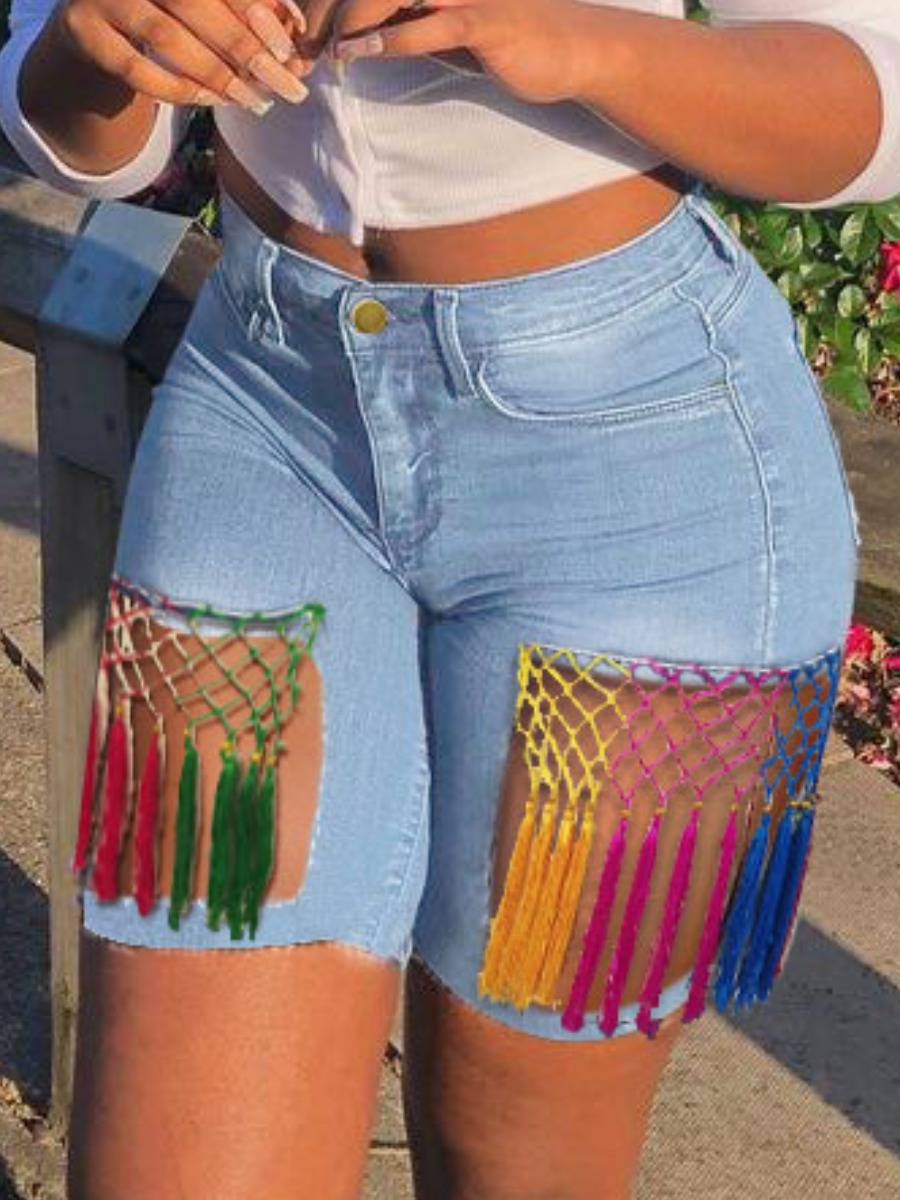 

LW Casual High-waisted Tassel Design Baby Blue Denim Shorts