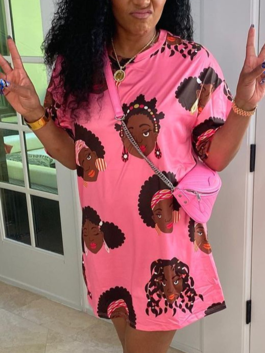 

Lovely Street O Neck Figure Print Pink Mini Dress