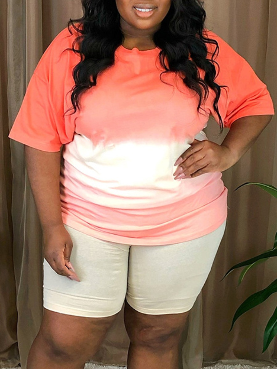 

Lovely Plus Size Casual O Neck Gradient Orange Two-piece Shorts Set