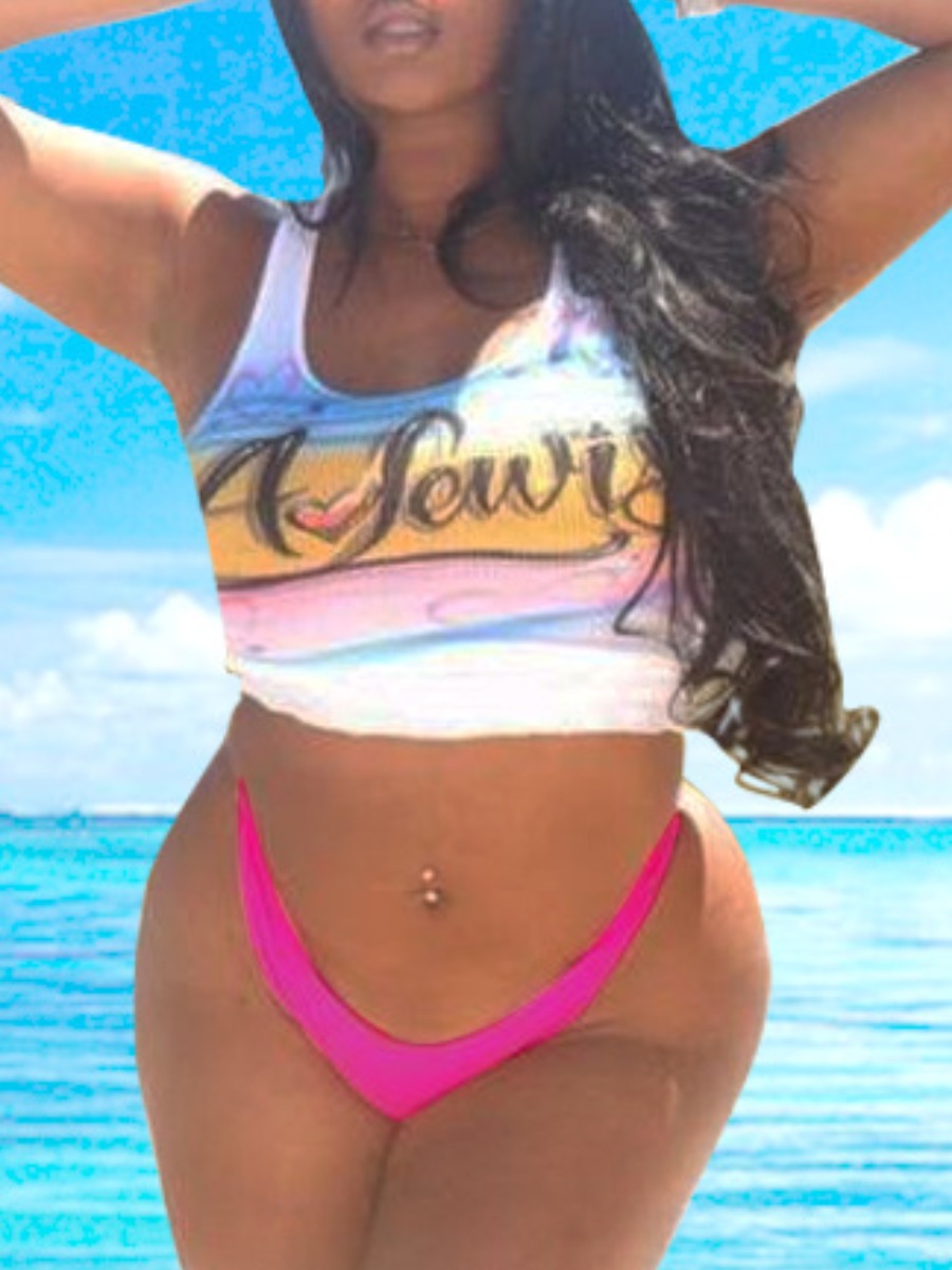 

Lovely Boho U Neck Letter Print White Tankini