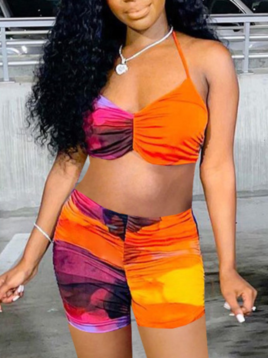 

Lovely Street Tie-dye Ruched Orange Two Piece Shorts Set