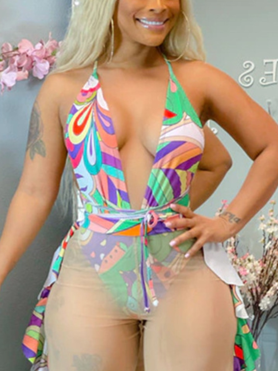 

Lovely Boho Backless Geometric Print Green One-piece Swimsuit