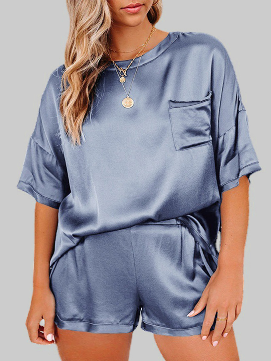 

Lovely Plus Size Casual Dropped Shoulder Pocket Design Blue Two-piece Shorts Set