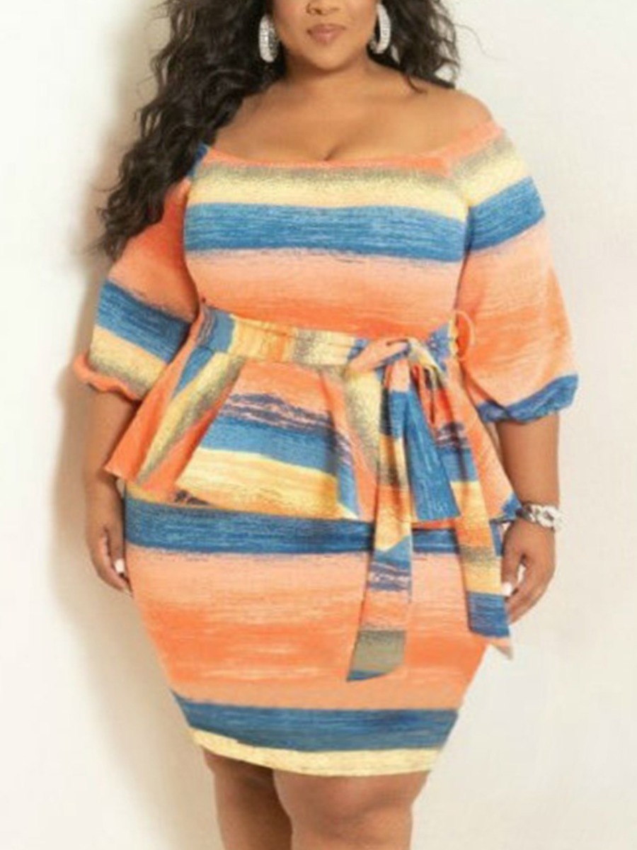 

LW Plus Size Casual Striped Bandage Design Croci Knee Length Dress
